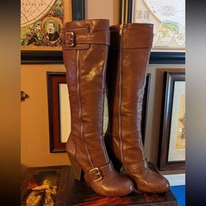 Vince Camuto Vintage Briva Knee High Brown Leather Zip Buckle Boots 10 Women's